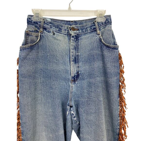 Vintage Distressed Fringe Trim Blue Jeans Tapered Leg AS IS  / Women’s Medium - Picture 2 of 9
